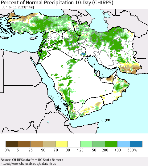 Middle East and Turkey Percent of Normal Precipitation 10-Day (CHIRPS) Thematic Map For 6/6/2023 - 6/15/2023