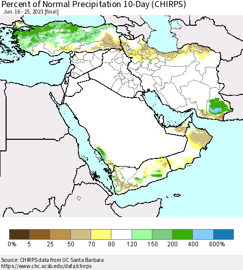 Middle East and Turkey Percent of Normal Precipitation 10-Day (CHIRPS) Thematic Map For 6/16/2023 - 6/25/2023