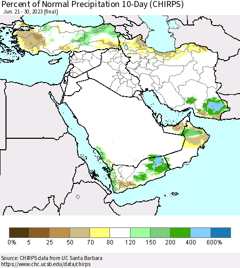 Middle East and Turkey Percent of Normal Precipitation 10-Day (CHIRPS) Thematic Map For 6/21/2023 - 6/30/2023