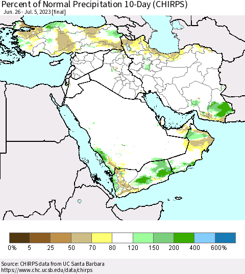 Middle East and Turkey Percent of Normal Precipitation 10-Day (CHIRPS) Thematic Map For 6/26/2023 - 7/5/2023