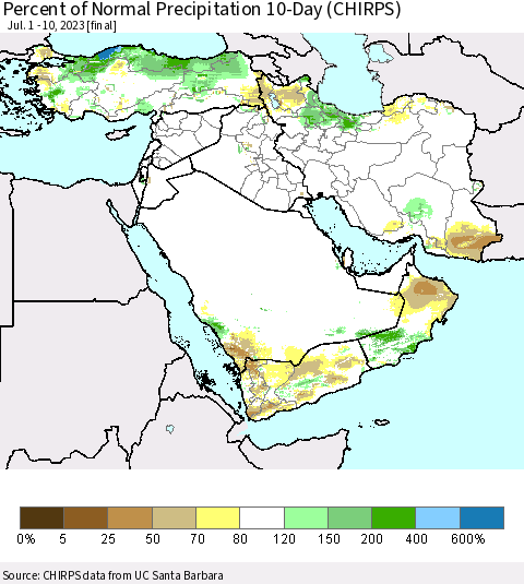 Middle East and Turkey Percent of Normal Precipitation 10-Day (CHIRPS) Thematic Map For 7/1/2023 - 7/10/2023