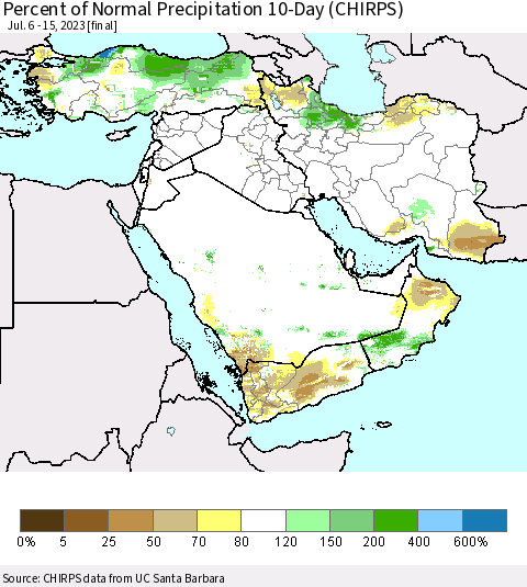 Middle East and Turkey Percent of Normal Precipitation 10-Day (CHIRPS) Thematic Map For 7/6/2023 - 7/15/2023
