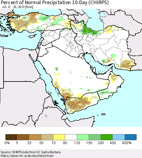 Middle East and Turkey Percent of Normal Precipitation 10-Day (CHIRPS) Thematic Map For 7/11/2023 - 7/20/2023