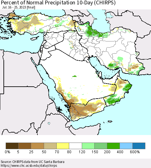 Middle East and Turkey Percent of Normal Precipitation 10-Day (CHIRPS) Thematic Map For 7/16/2023 - 7/25/2023