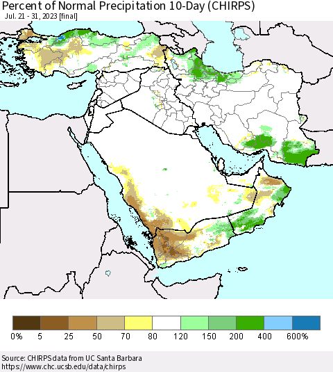 Middle East and Turkey Percent of Normal Precipitation 10-Day (CHIRPS) Thematic Map For 7/21/2023 - 7/31/2023