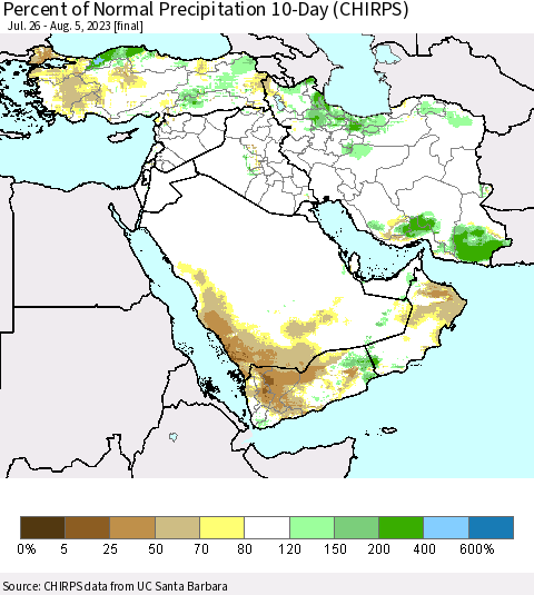 Middle East and Turkey Percent of Normal Precipitation 10-Day (CHIRPS) Thematic Map For 7/26/2023 - 8/5/2023