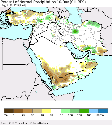 Middle East and Turkey Percent of Normal Precipitation 10-Day (CHIRPS) Thematic Map For 8/1/2023 - 8/10/2023