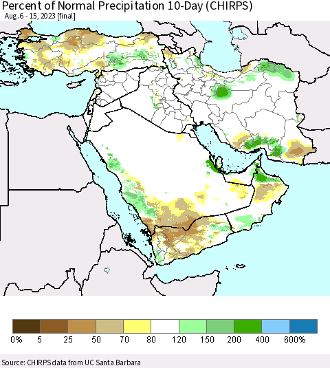 Middle East and Turkey Percent of Normal Precipitation 10-Day (CHIRPS) Thematic Map For 8/6/2023 - 8/15/2023