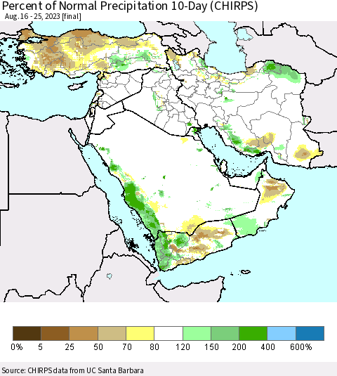 Middle East and Turkey Percent of Normal Precipitation 10-Day (CHIRPS) Thematic Map For 8/16/2023 - 8/25/2023