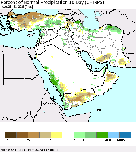 Middle East and Turkey Percent of Normal Precipitation 10-Day (CHIRPS) Thematic Map For 8/21/2023 - 8/31/2023