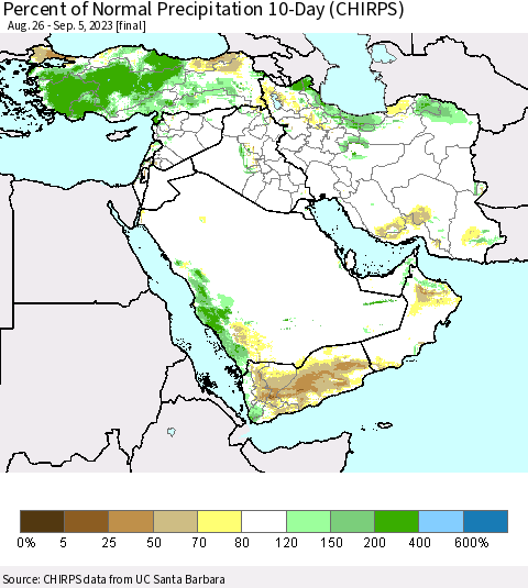 Middle East and Turkey Percent of Normal Precipitation 10-Day (CHIRPS) Thematic Map For 8/26/2023 - 9/5/2023