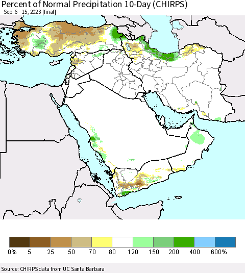 Middle East and Turkey Percent of Normal Precipitation 10-Day (CHIRPS) Thematic Map For 9/6/2023 - 9/15/2023