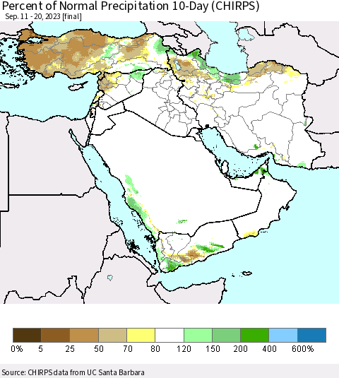 Middle East and Turkey Percent of Normal Precipitation 10-Day (CHIRPS) Thematic Map For 9/11/2023 - 9/20/2023