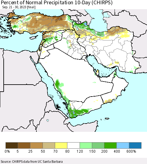 Middle East and Turkey Percent of Normal Precipitation 10-Day (CHIRPS) Thematic Map For 9/21/2023 - 9/30/2023