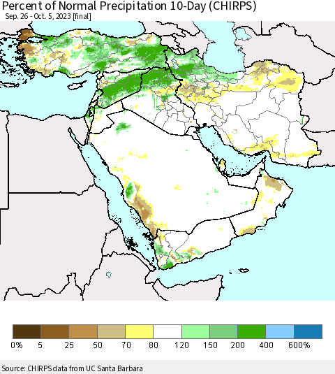 Middle East and Turkey Percent of Normal Precipitation 10-Day (CHIRPS) Thematic Map For 9/26/2023 - 10/5/2023