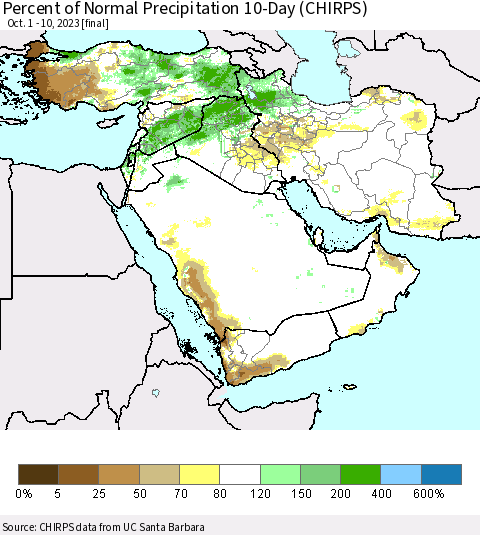 Middle East and Turkey Percent of Normal Precipitation 10-Day (CHIRPS) Thematic Map For 10/1/2023 - 10/10/2023
