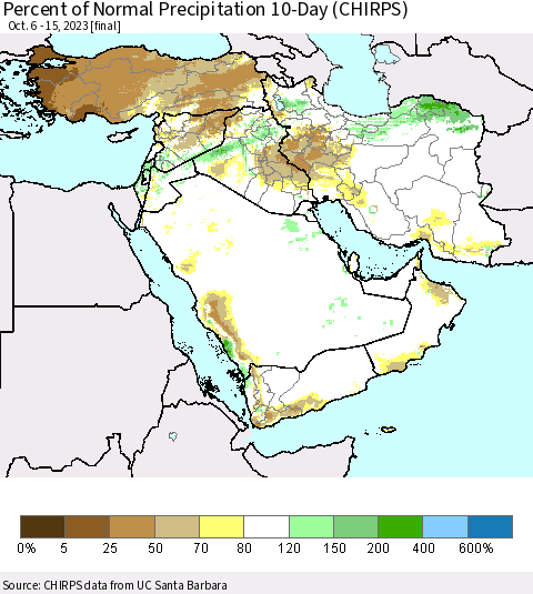 Middle East and Turkey Percent of Normal Precipitation 10-Day (CHIRPS) Thematic Map For 10/6/2023 - 10/15/2023