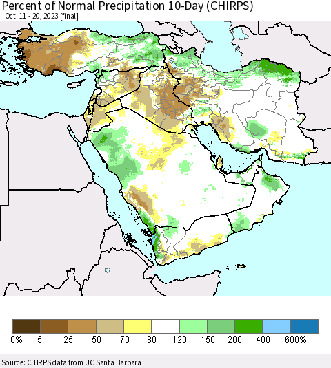 Middle East and Turkey Percent of Normal Precipitation 10-Day (CHIRPS) Thematic Map For 10/11/2023 - 10/20/2023