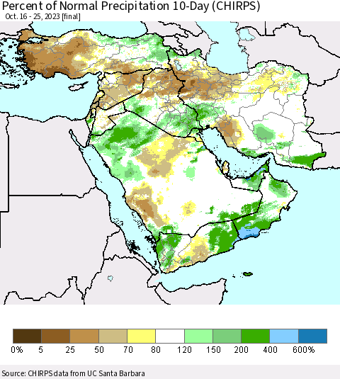 Middle East and Turkey Percent of Normal Precipitation 10-Day (CHIRPS) Thematic Map For 10/16/2023 - 10/25/2023