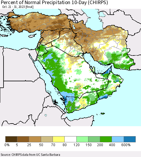 Middle East and Turkey Percent of Normal Precipitation 10-Day (CHIRPS) Thematic Map For 10/21/2023 - 10/31/2023