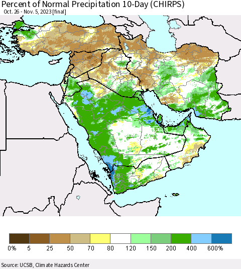 Middle East and Turkey Percent of Normal Precipitation 10-Day (CHIRPS) Thematic Map For 10/26/2023 - 11/5/2023