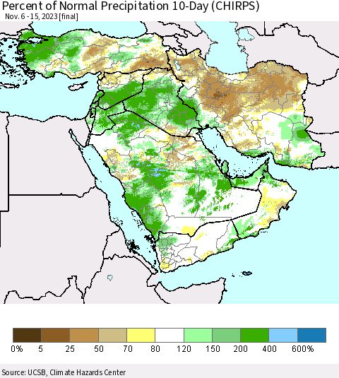 Middle East and Turkey Percent of Normal Precipitation 10-Day (CHIRPS) Thematic Map For 11/6/2023 - 11/15/2023