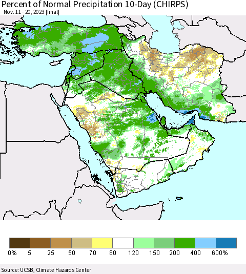 Middle East and Turkey Percent of Normal Precipitation 10-Day (CHIRPS) Thematic Map For 11/11/2023 - 11/20/2023