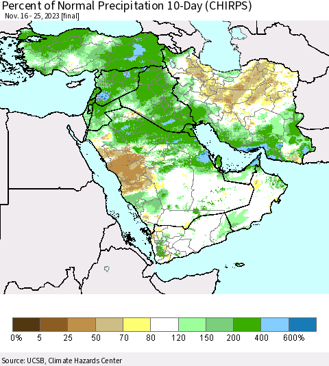 Middle East and Turkey Percent of Normal Precipitation 10-Day (CHIRPS) Thematic Map For 11/16/2023 - 11/25/2023