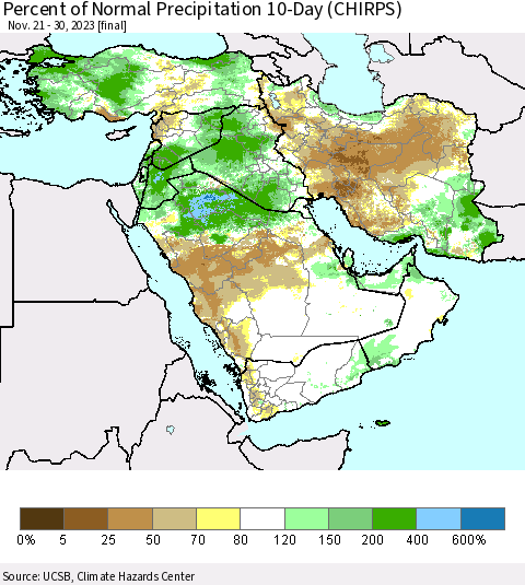 Middle East and Turkey Percent of Normal Precipitation 10-Day (CHIRPS) Thematic Map For 11/21/2023 - 11/30/2023