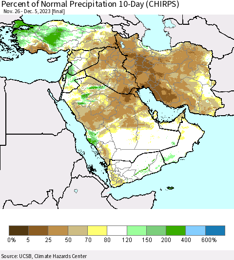 Middle East and Turkey Percent of Normal Precipitation 10-Day (CHIRPS) Thematic Map For 11/26/2023 - 12/5/2023