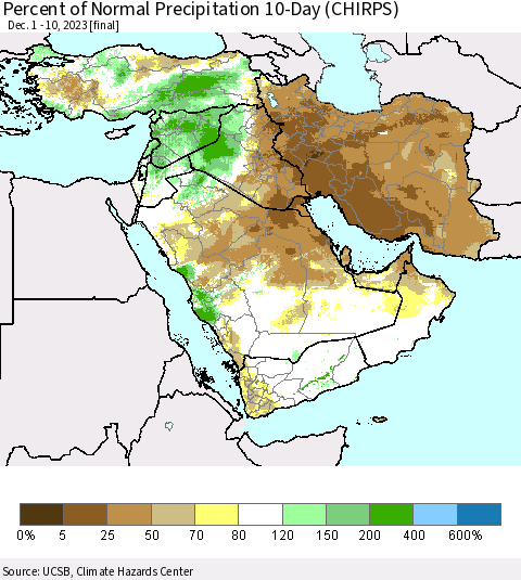 Middle East and Turkey Percent of Normal Precipitation 10-Day (CHIRPS) Thematic Map For 12/1/2023 - 12/10/2023