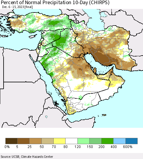 Middle East and Turkey Percent of Normal Precipitation 10-Day (CHIRPS) Thematic Map For 12/6/2023 - 12/15/2023