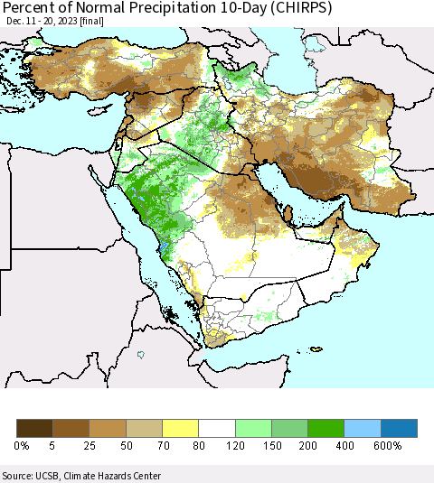Middle East and Turkey Percent of Normal Precipitation 10-Day (CHIRPS) Thematic Map For 12/11/2023 - 12/20/2023