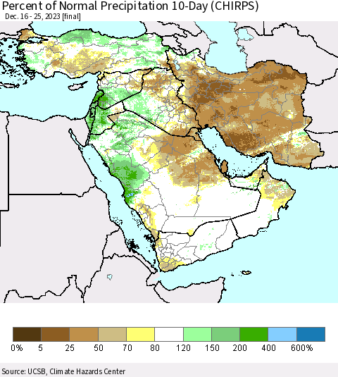Middle East and Turkey Percent of Normal Precipitation 10-Day (CHIRPS) Thematic Map For 12/16/2023 - 12/25/2023