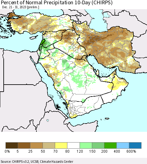 Middle East and Turkey Percent of Normal Precipitation 10-Day (CHIRPS) Thematic Map For 12/21/2023 - 12/31/2023