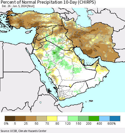 Middle East and Turkey Percent of Normal Precipitation 10-Day (CHIRPS) Thematic Map For 12/26/2023 - 1/5/2024