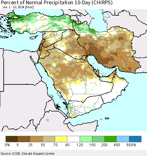 Middle East and Turkey Percent of Normal Precipitation 10-Day (CHIRPS) Thematic Map For 1/1/2024 - 1/10/2024