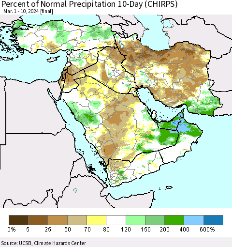 Middle East and Turkey Percent of Normal Precipitation 10-Day (CHIRPS) Thematic Map For 3/1/2024 - 3/10/2024