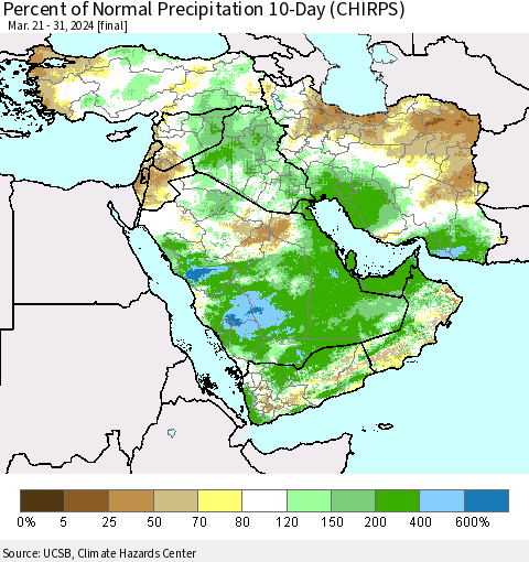 Middle East and Turkey Percent of Normal Precipitation 10-Day (CHIRPS) Thematic Map For 3/21/2024 - 3/31/2024