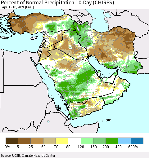 Middle East and Turkey Percent of Normal Precipitation 10-Day (CHIRPS) Thematic Map For 4/1/2024 - 4/10/2024