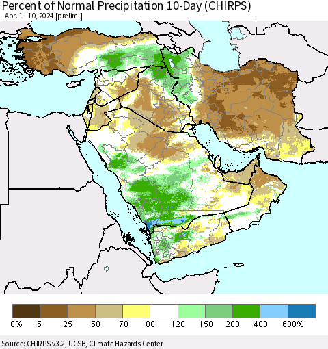 Middle East and Turkey Percent of Normal Precipitation 10-Day (CHIRPS) Thematic Map For 4/1/2024 - 4/10/2024
