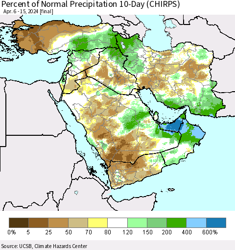 Middle East and Turkey Percent of Normal Precipitation 10-Day (CHIRPS) Thematic Map For 4/6/2024 - 4/15/2024