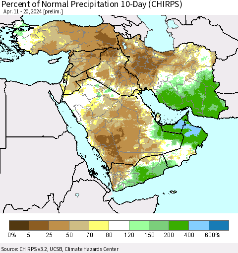 Middle East and Turkey Percent of Normal Precipitation 10-Day (CHIRPS) Thematic Map For 4/11/2024 - 4/20/2024