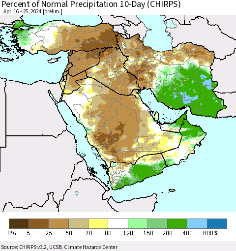 Middle East and Turkey Percent of Normal Precipitation 10-Day (CHIRPS) Thematic Map For 4/16/2024 - 4/25/2024