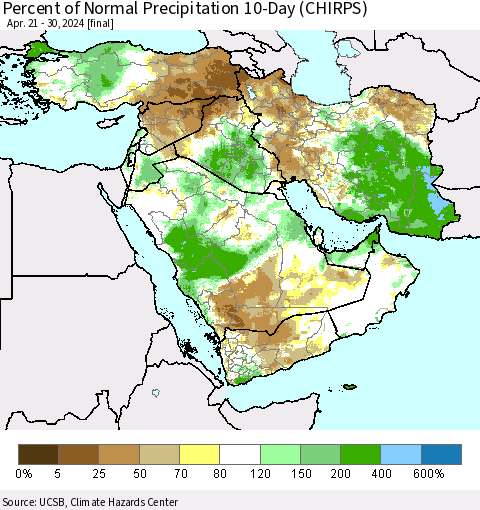Middle East and Turkey Percent of Normal Precipitation 10-Day (CHIRPS) Thematic Map For 4/21/2024 - 4/30/2024