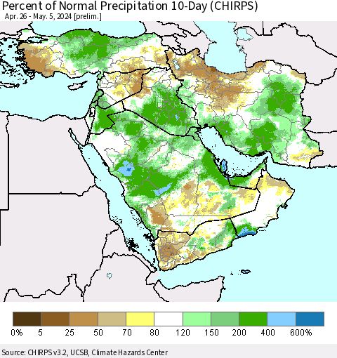 Middle East and Turkey Percent of Normal Precipitation 10-Day (CHIRPS) Thematic Map For 4/26/2024 - 5/5/2024
