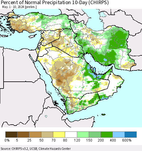 Middle East and Turkey Percent of Normal Precipitation 10-Day (CHIRPS) Thematic Map For 5/1/2024 - 5/10/2024