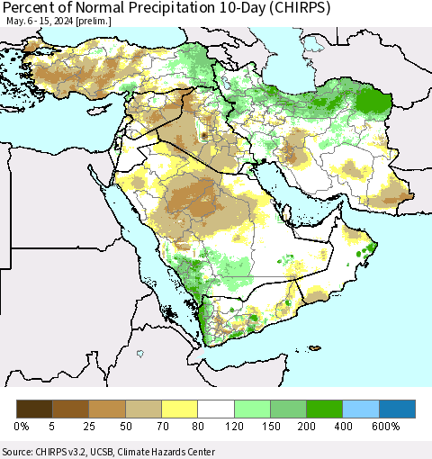 Middle East and Turkey Percent of Normal Precipitation 10-Day (CHIRPS) Thematic Map For 5/6/2024 - 5/15/2024