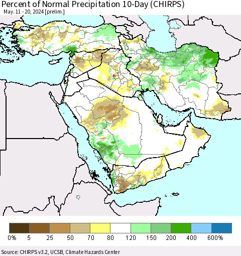 Middle East and Turkey Percent of Normal Precipitation 10-Day (CHIRPS) Thematic Map For 5/11/2024 - 5/20/2024