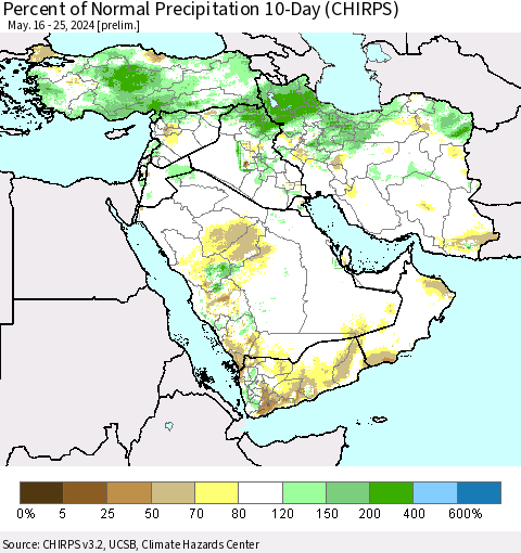 Middle East and Turkey Percent of Normal Precipitation 10-Day (CHIRPS) Thematic Map For 5/16/2024 - 5/25/2024